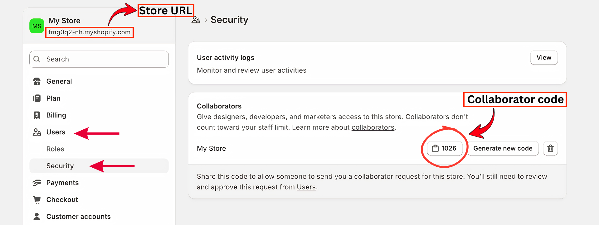 Shopify settings showing how to find Store URL under Users and Collaborator code under Security